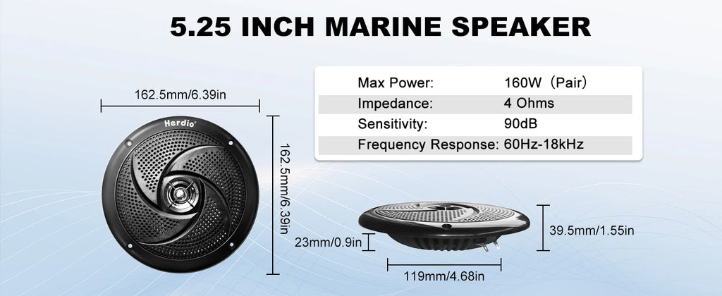 Herdio 5.25 Inch Marine Speakers 160W Waterproof 2-Way Weather Resistant LED Lights Slim Low Profile for Boat RV ATV UTV 1 Pair
