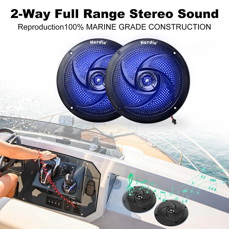 Herdio 5.25 Inch Marine Speakers 160W Waterproof 2-Way Weather Resistant LED Lights Slim Low Profile for Boat RV ATV UTV 1 Pair
