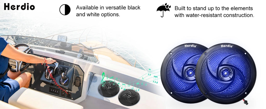 Herdio 5.25 Inch Marine Speakers 160W Waterproof 2-Way Weather Resistant LED Lights Slim Low Profile for Boat RV ATV UTV 1 Pair