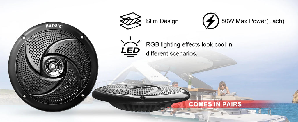 Herdio 5.25 Inch Marine Speakers 160W Waterproof 2-Way Weather Resistant LED Lights Slim Low Profile for Boat RV ATV UTV 1 Pair