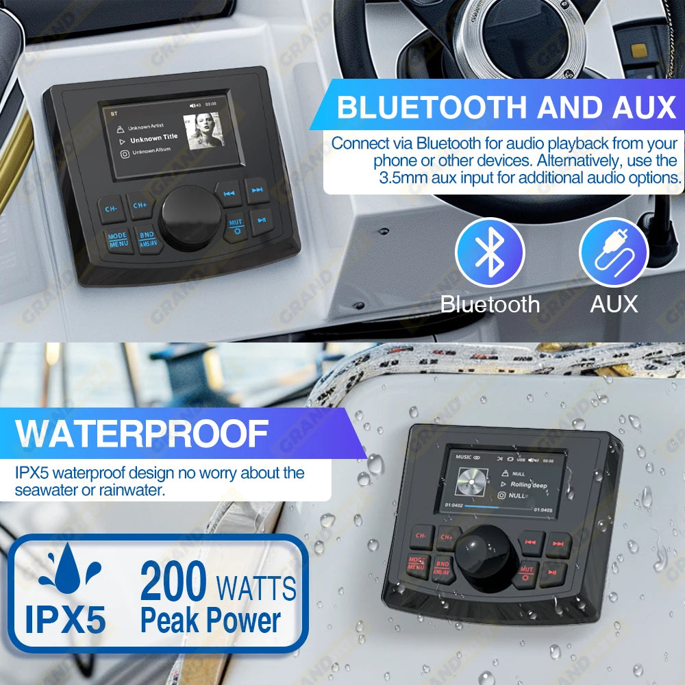 GRANDnavi Marine Stereo Boat MP5 Radio Player Waterproof IPX5 AUX Bluetooth FM AM RDS Audio For Yacht Gauge ATV UTV SUV Cart SPA