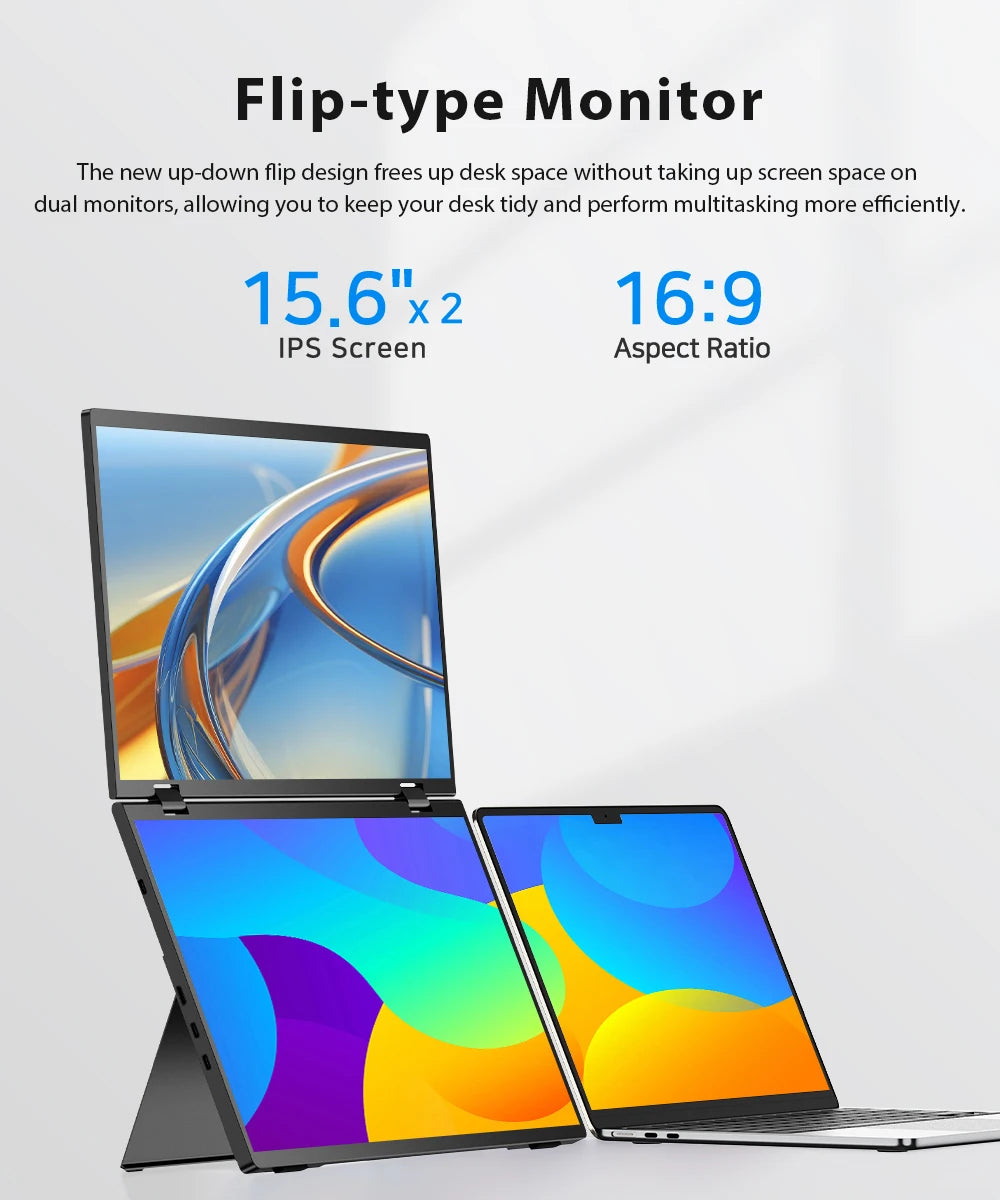 UPERFECT 15.6' Dual Portable Monitor 1080P IPS Folding Stacked Triple Laptop Screen Extender with Stand USB-C Mini HDMI Plug
