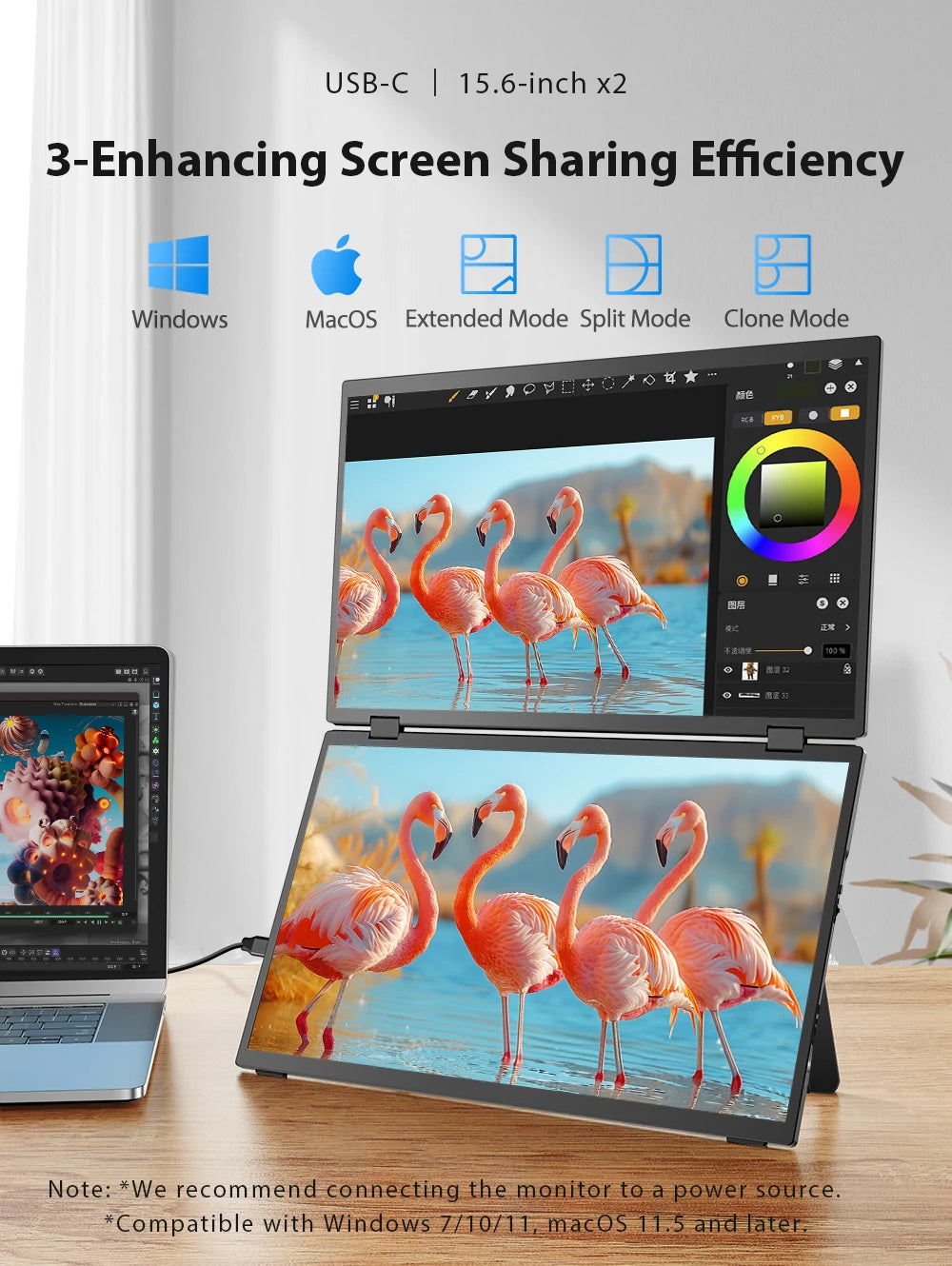 UPERFECT 15.6' Dual Portable Monitor 1080P IPS Folding Stacked Triple Laptop Screen Extender with Stand USB-C Mini HDMI Plug