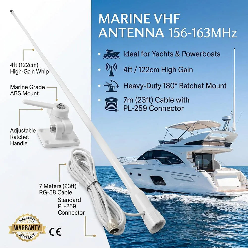 Professional 156/163MHz VHF Marine Whip Antenna, High Performance Fiberglass VHF Antenna for Boats,Corrosion Resistant UV Stable