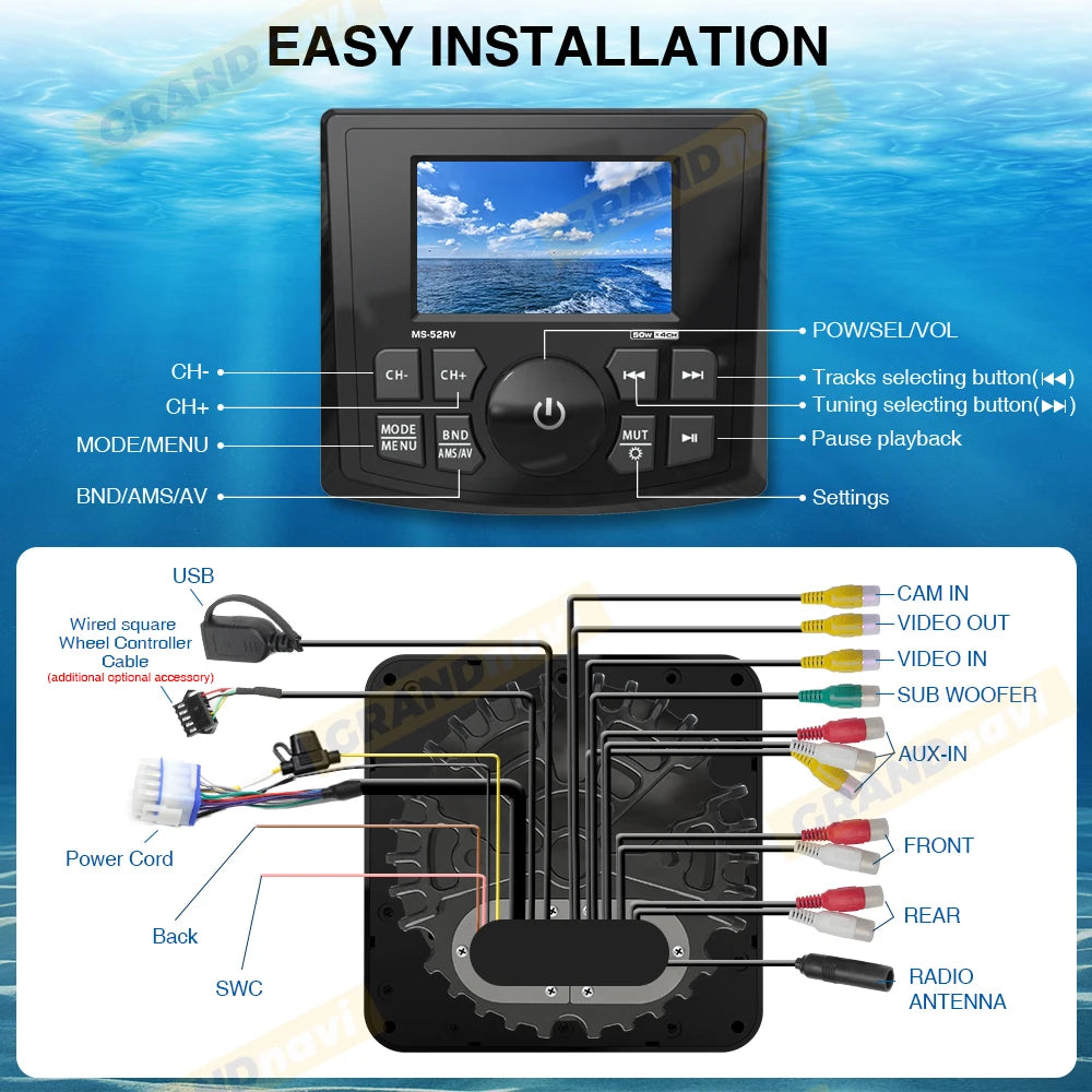 GRANDnavi Marine Stereo Boat MP5 Radio Player Waterproof IPX5 AUX Bluetooth FM AM RDS Audio For Yacht Gauge ATV UTV SUV Cart SPA