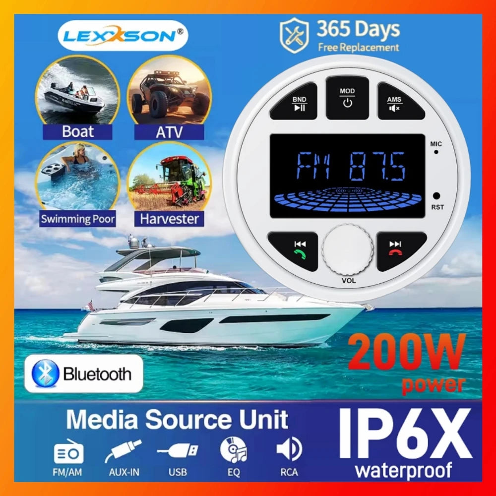Boat Radio Media Player Marine Stereo MP3 Waterproof Bluetooth Audio Radio FM AM Receiver Fit for Harvesters ATV UTV SPA RZR