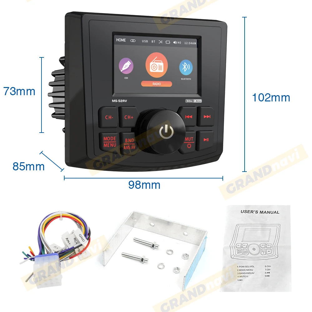 GRANDnavi Marine Stereo Boat MP5 Radio Player Waterproof IPX5 AUX Bluetooth FM AM RDS Audio For Yacht Gauge ATV UTV SUV Cart SPA