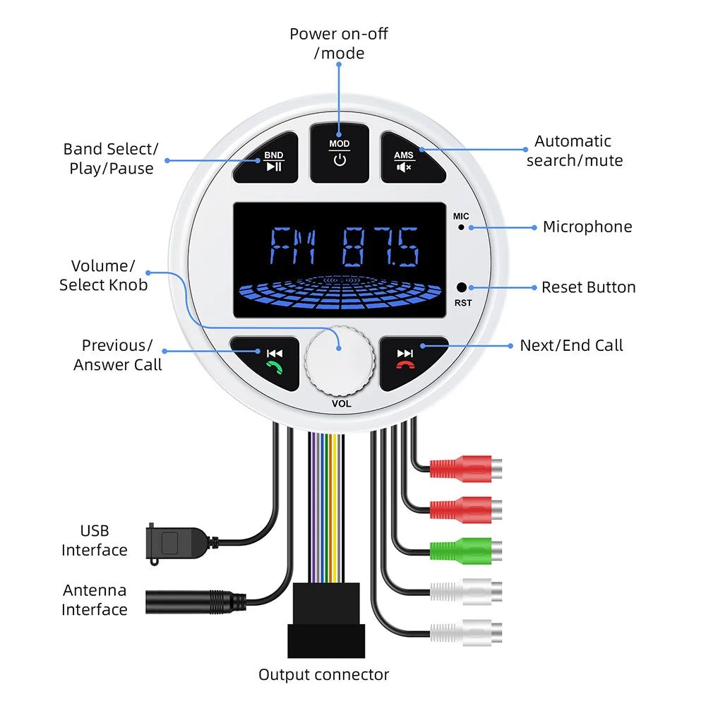 Boat Radio Media Player Marine Stereo MP3 Waterproof Bluetooth Audio Radio FM AM Receiver Fit for Harvesters ATV UTV SPA RZR