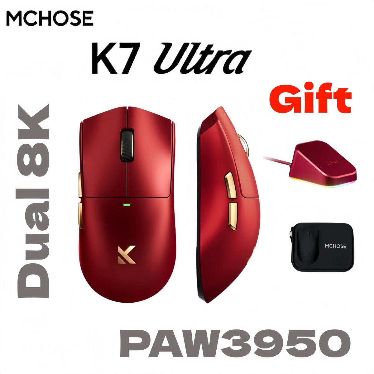 MCHOSE K7 Ultra Dual 8K Polling Rate Lightweight Magnetic Wireless Gaming Mouse PAW3950 Wireless Charging Dock Esports Office