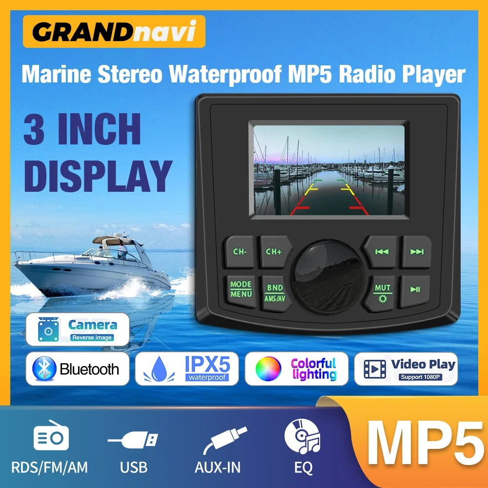 GRANDnavi Marine Stereo Boat MP5 Radio Player Waterproof IPX5 AUX Bluetooth FM AM RDS Audio For Yacht Gauge ATV UTV SUV Cart SPA