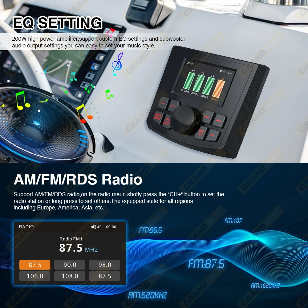 GRANDnavi Marine Stereo Boat MP5 Radio Player Waterproof IPX5 AUX Bluetooth FM AM RDS Audio For Yacht Gauge ATV UTV SUV Cart SPA