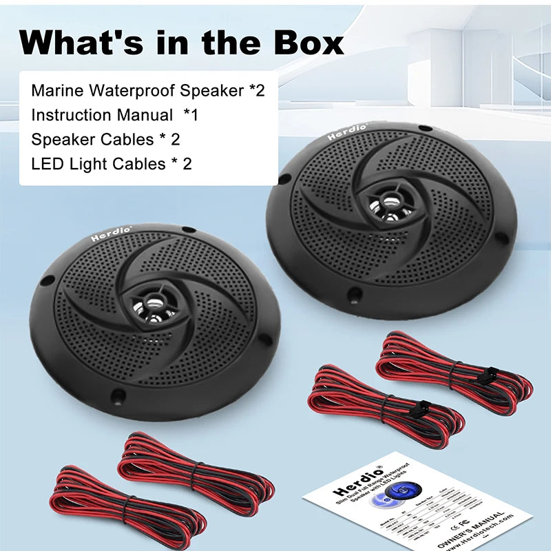 Herdio 5.25 Inch Marine Speakers 160W Waterproof 2-Way Weather Resistant LED Lights Slim Low Profile for Boat RV ATV UTV 1 Pair
