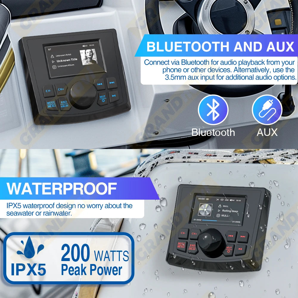 GRANDnavi Marine Stereo Boat MP5 Radio Player Waterproof IPX5 AUX Bluetooth FM AM RDS Audio For Yacht Gauge ATV UTV SUV Cart SPA