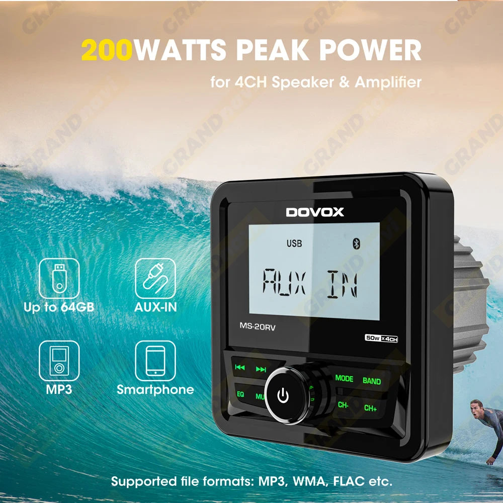 GRANDnavi Marine Radio Boat Stereo Bluetooth FM AM Digital Media Audio Player Waterproof For Yacht ATV UTV Golf Cart Motorcycle