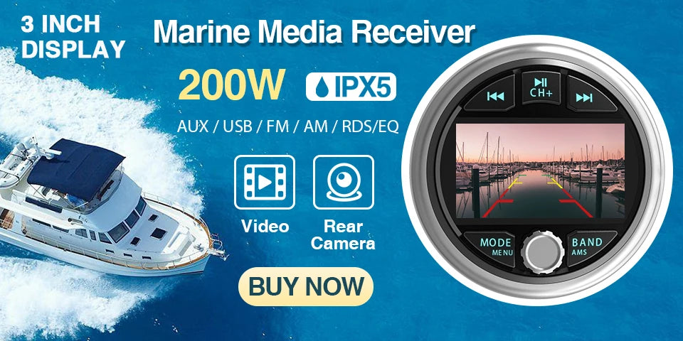 GRANDnavi Marine Stereo Boat MP5 Radio Player Waterproof IPX5 AUX Bluetooth FM AM RDS Audio For Yacht Gauge ATV UTV SUV Cart SPA