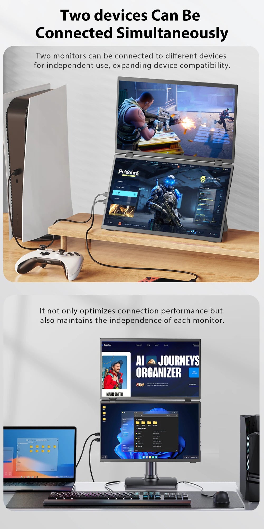 UPERFECT 15.6' Dual Portable Monitor 1080P IPS Folding Stacked Triple Laptop Screen Extender with Stand USB-C Mini HDMI Plug