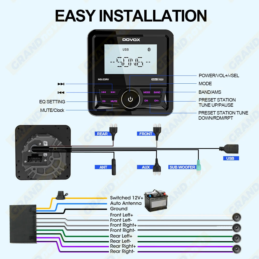 GRANDnavi Marine Radio Boat Stereo Bluetooth FM AM Digital Media Audio Player Waterproof For Yacht ATV UTV Golf Cart Motorcycle