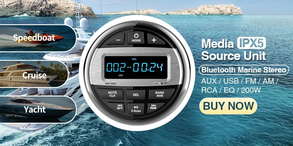 GRANDnavi Marine Stereo Boat MP5 Radio Player Waterproof IPX5 AUX Bluetooth FM AM RDS Audio For Yacht Gauge ATV UTV SUV Cart SPA