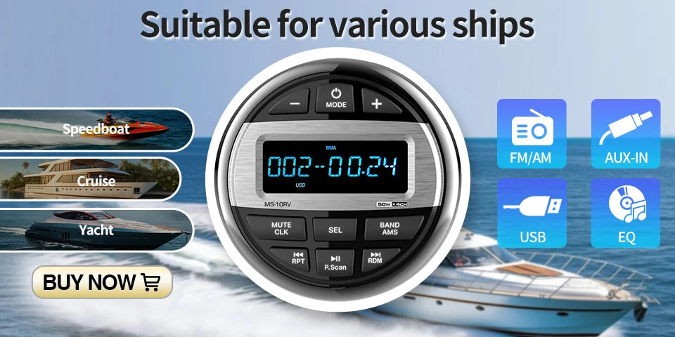 GRANDnavi Marine Radio Boat Stereo Bluetooth FM AM Digital Media Audio Player Waterproof For Yacht ATV UTV Golf Cart Motorcycle