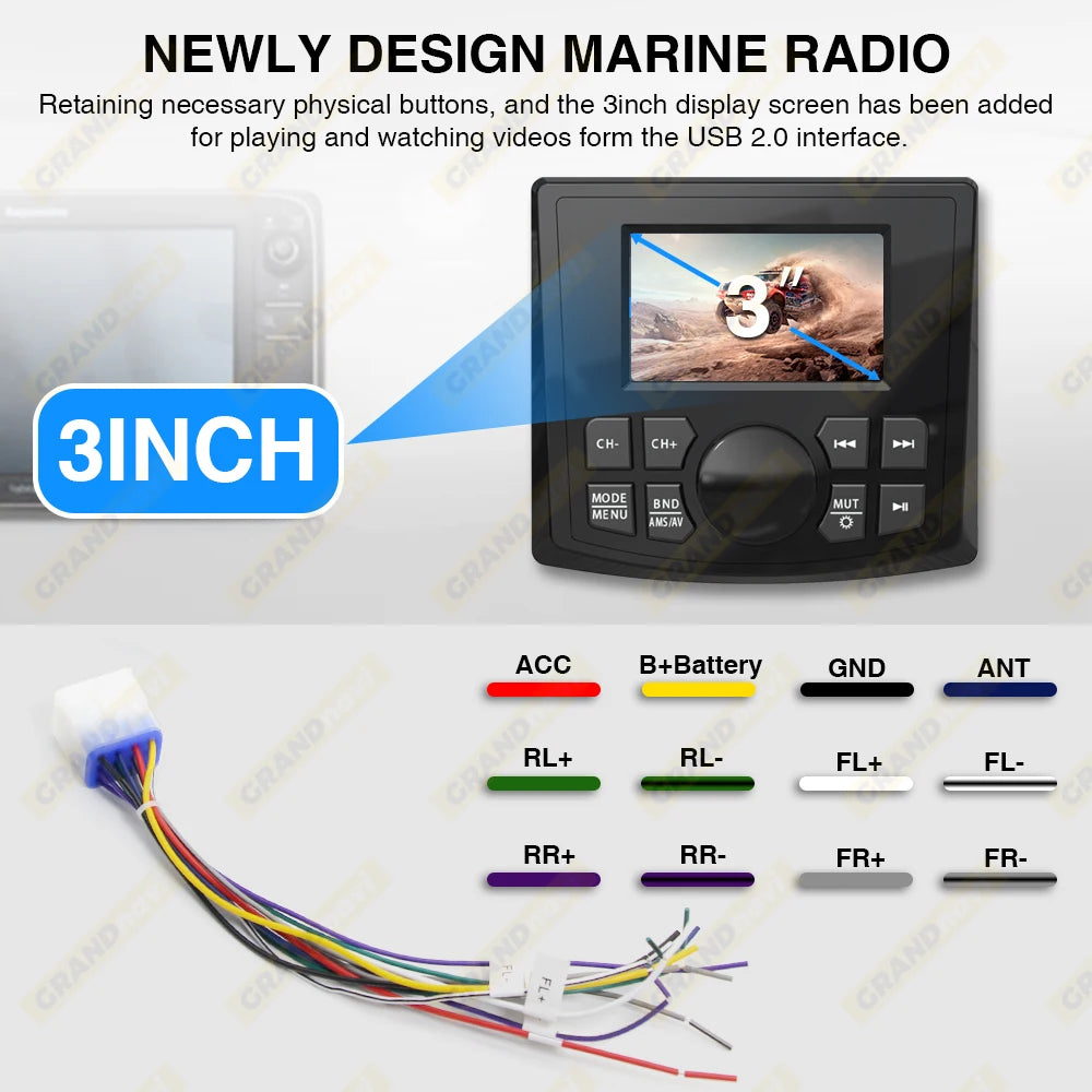 GRANDnavi Marine Stereo Boat MP5 Radio Player Waterproof IPX5 AUX Bluetooth FM AM RDS Audio For Yacht Gauge ATV UTV SUV Cart SPA