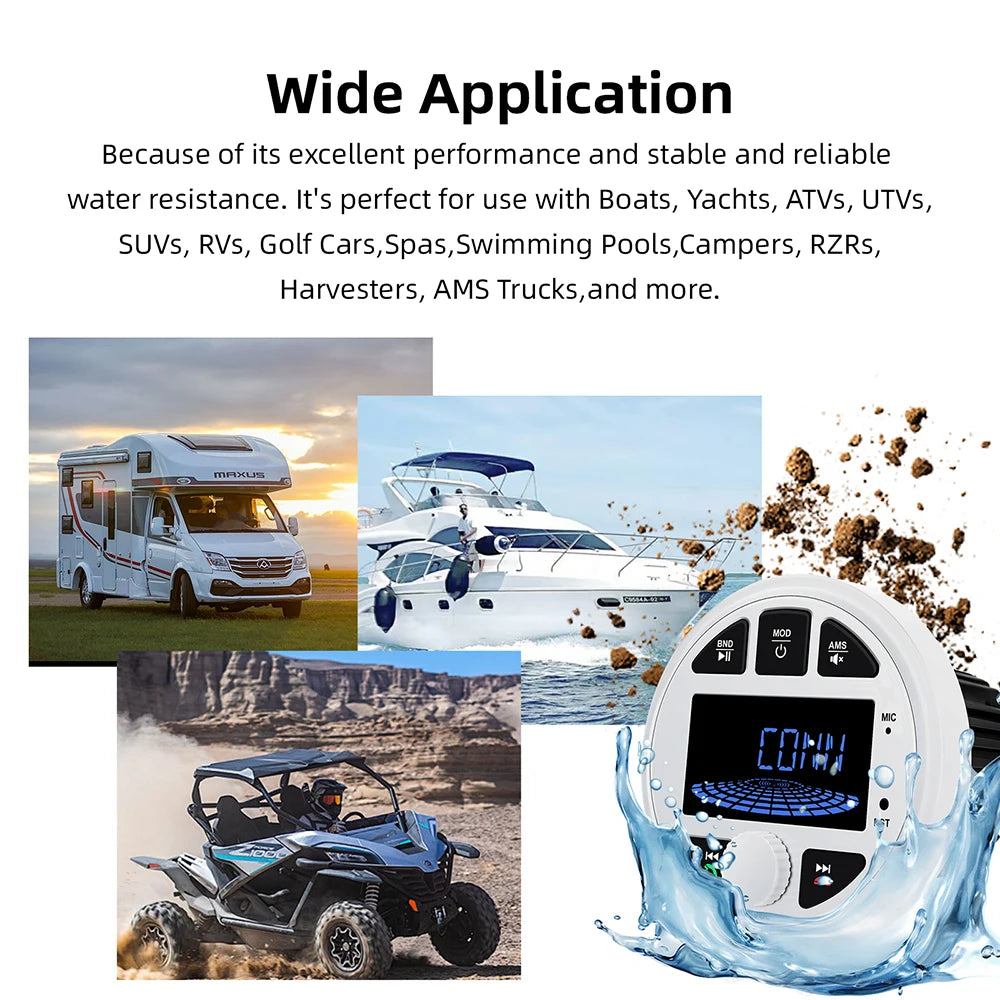 Boat Radio Media Player Marine Stereo MP3 Waterproof Bluetooth Audio Radio FM AM Receiver Fit for Harvesters ATV UTV SPA RZR