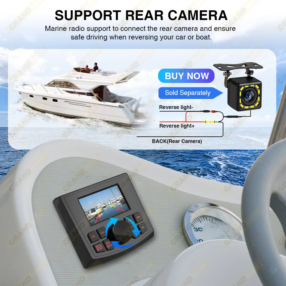 GRANDnavi Marine Stereo Boat MP5 Radio Player Waterproof IPX5 AUX Bluetooth FM AM RDS Audio For Yacht Gauge ATV UTV SUV Cart SPA