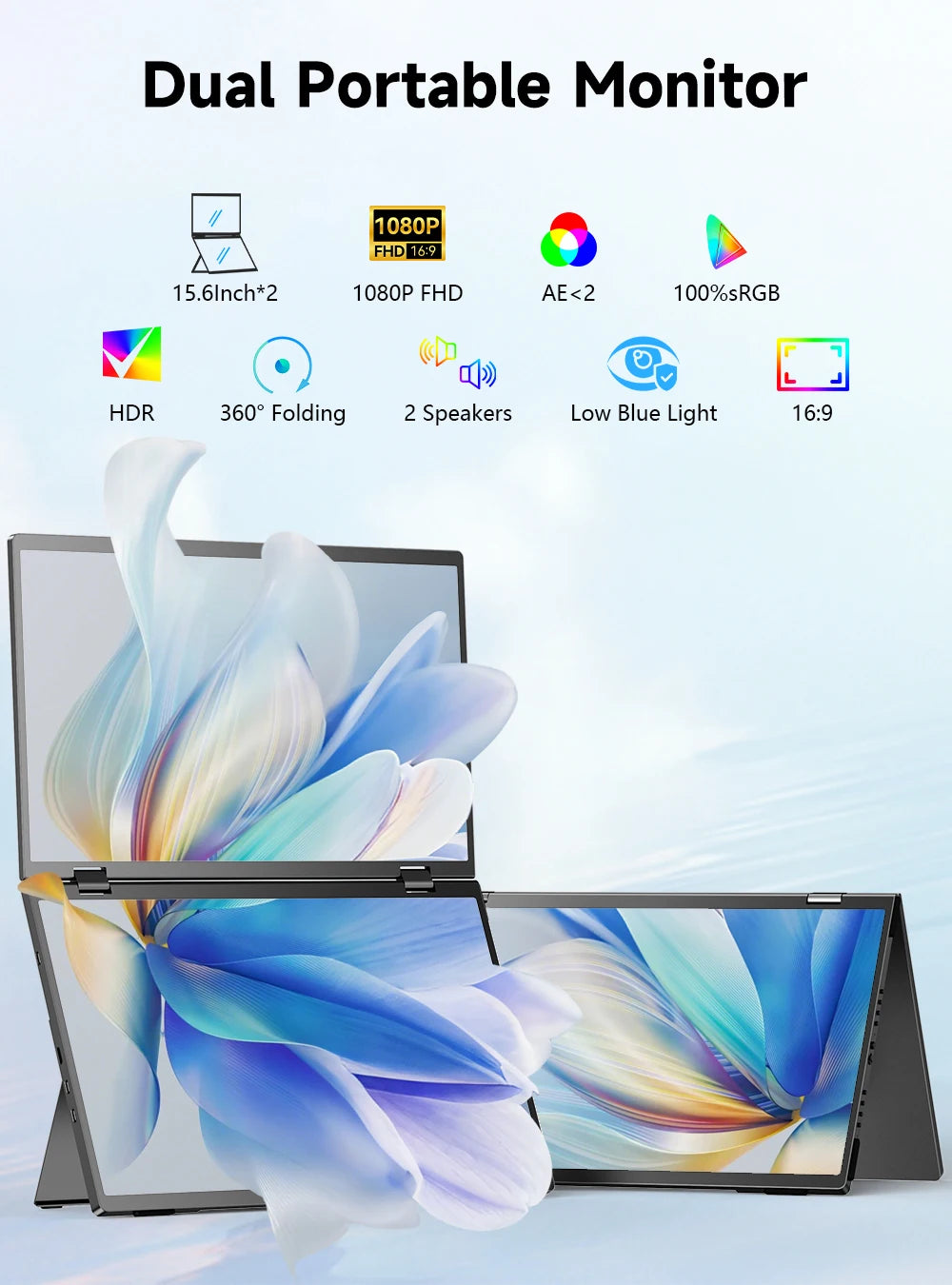 UPERFECT 15.6' Dual Portable Monitor 1080P IPS Folding Stacked Triple Laptop Screen Extender with Stand USB-C Mini HDMI Plug